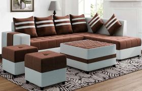 CasaStyle Stylio 8 Seater Fabric L Shape Sofa Set with Centre Table & 2 Puffy (Brown-Light Grey)