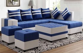 CasaStyle Stylio 8 Seater Fabric L Shape Sofa Set with Centre Table & 2 Puffy (Blue-Light Grey)
