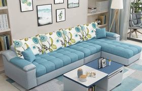 CasaStyle Solimon 6 Seater Fabric L Shape Sofa Set (Light Blue- Light Grey)