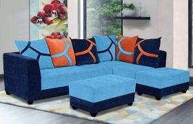 Casastyle Multi L-Shape 7 Seater Sofa L Shape Sofa (3 Seater + 2 Seater + 2 Puffy) Combo (Sky Blue & Black)