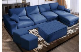 CasaStyle Adonoy 8 Seater Fabric RHS L Shape Sofa Set with Centre Table & 2 Puffy (Dark Blue)