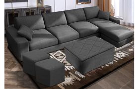 CasaStyle Adonoy 8 Seater Fabric RHS L Shape Sofa Set with Centre Table & 2 Puffy (Dark Grey)