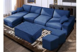 CasaStyle Adonoy 8 Seater Fabric LHS L Shape Sofa Set with Centre Table & 2 Puffy (Dark Blue)